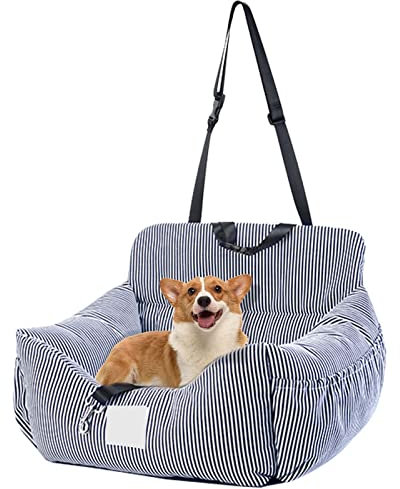 CALIYO Hundeautositz mit Stabiler Basis & Sicherheitsgurt | Hundesitz Auto für Kleine bis 10 kg | Memory Foam-Sitzauflage | Wasserdichter, Abwaschbarer Hundekorb mit Aufbewahrungstasche (Blau/Weiß)