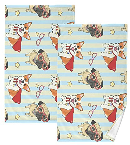 YOUJUNER 2 Stück Baumwolle Handtuch Set Niedliche Bulldogge Corgi Hund Muster Handtuch Gesichtstücher Badetücher Waschlappen Fingerspitze Dekorative Handtücher