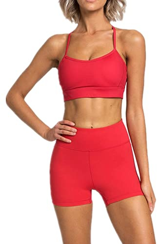 IDOPIP Sport Set Damen, Kreuz Rücken Yoga-BH & Hohe Taille Gym Shorts Workout Set Sport Outfit Fitness Set 2 Piece Trainingsanzüge Rot S