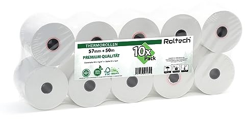 ROLTECH | 10 Thermorollen | 57mm x 50m x 12mm | BPA frei | EC Cash | Kassenrollen | Thermopapier | Bonrollen | Premium Qualität (10 Rollen)
