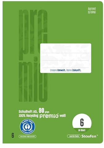Staufen premio skolhäfte – 10 häften vardera, 16 ark, DIN A5, linjerat 3 (14 dubbla linjer), 90 g/m² återvunnet papper, runda hörn förhindrar åsneöron