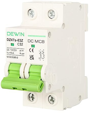 DEWIN DC Circuit Breaker, 2P 32A DC1000V Photovoltaic Miniature Circuit Breaker MCB with Overload and Short Circuit Protection for Solar PV System