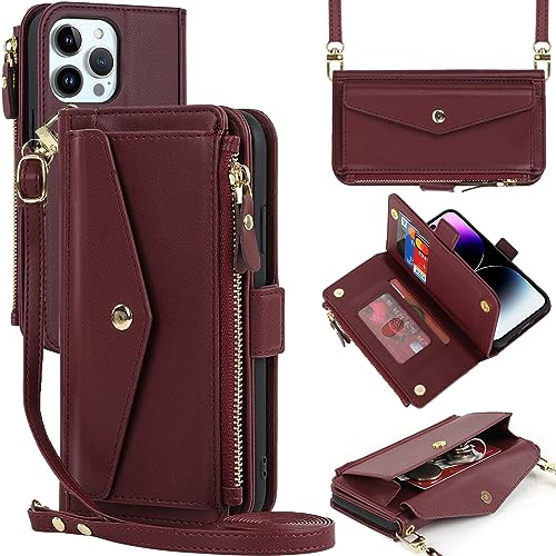 Zouzt for iPhone 14 Pro Max Wallet Case for Women, Purse with Credit Card Holder Slots Crossbody Lanyard Strap Zipper Flip Book Shockproof Protective Phone Cover for Apple 14 Pro Max 6.7 Inch (Red)