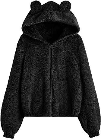 CGGMVCG Felpa da Donna con Cappuccio a Forma di Orsetto, con Cerniera, in Pile, con Cappuccio, per Ragazze e Ragazze, Kawaii, a Maniche Lunghe, Nero, M