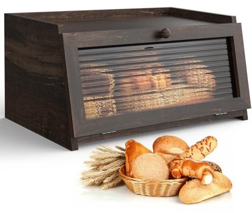 LOHASOK Bread Box for Kitchen Countertop Large Farmhouse Bread Container Bread Storage with Window Wooden Bread Holder