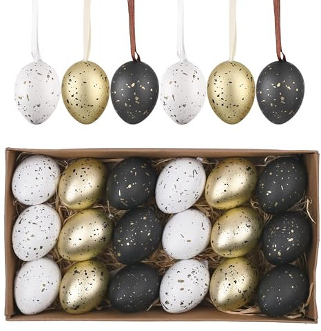 Valery Madelyn 18er Ostereier zum Aufhängen für Osterdeko,4cm Modern künstliche mini Ostereier für Ostern Deko,Schwarz Gold Ornament für Osterkörbchen Frühlingsdeko,Ostern Geschenke Kinder