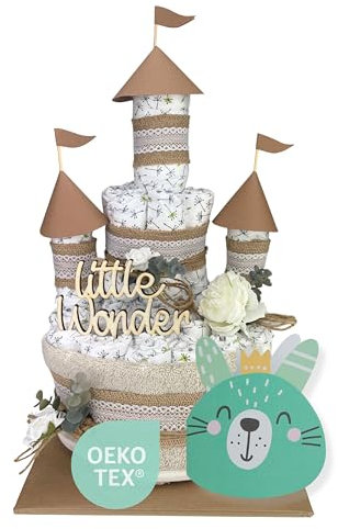 Windeltorte ® Vintage Schloss - Burg [JUTE & HOLZ] - Jungen & Mädchen - Neutral Unisex - Geschenk zur Geburt - Baby Party - Babyshower - Pullerparty - Caketopper (Boho - Vintage - LITTLE WONDER)