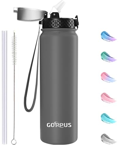 GOPPUS 1L/32oz Thermosflasche mit Strohhalm Doppelschicht Edelstahl Trinkflasche 1 Liter Isolierflasche Auslaufsicher Sport Wasserflasche Kohlensäure Water Bottle Trinkflaschen BPA-frei Wasser Flasche