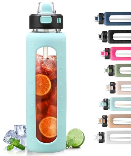 BLUEGO 900ml Glass Water Bottle with Handle and Straw Drinking Hydration Bottle with Silicone Sleeve and Time Marking Motivational Water Bottle for Gym Sports Outdoor Leak-proof,Light Blue
