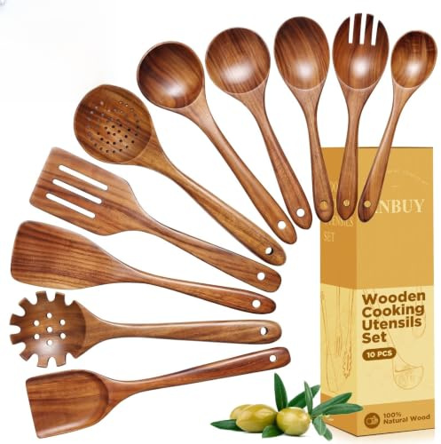 Teak Wooden Kitchen Utensil Set - Non-Toxic Wood Cooking Utensils, Wood Utensils, Wooden Utensil Set (10PCS), Heat-Resistant for Home Kitchen