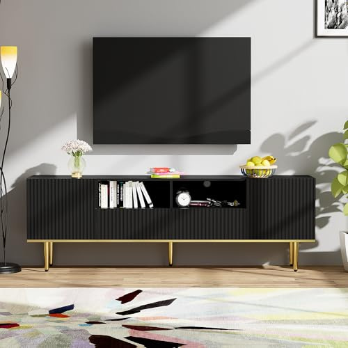 Moderno armario para TV bajo, mueble, 6 compartimentos de almacenamiento, patas doradas, aparador elegante, estructura de mármol negro (165 x