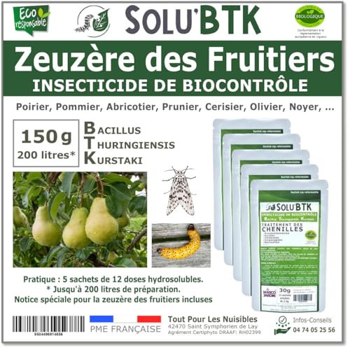 SoluBTK - Zeuzère des fruitiers: Poirier, Pommier, Abricotier, Cerisier, Prunier, Olivier ... 150 g Bacillus thuringiensis BTK - Insecticide Utilisable en Agriculture Biologique - Traitement chenilles