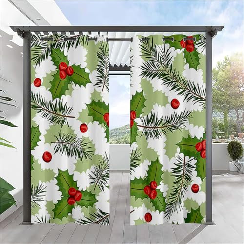 Hiseng Cortina de Exterior Impermeable, Acebo Navideño Estampado 3D Cortinas de Exterior para Terraza 2 Piezas Cortina Exterior con Ojales Cortinas Opacas (137x203cm,Acebo Navideño)