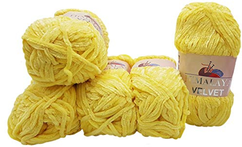 5x 100 Gramm Strickwolle Ilkadim Export Velvet Micro-Polyester, 500g Babywolle samtig, Strickgarn einfarbig (gelb 90002)
