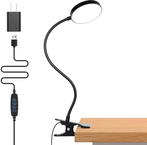 Semlos LED Leselampe Bett, Augenschutz Klemmlampe dimmbar, schreibtischlampe klemmbar, 3 Modi, Schwanenhals, Klemmhalterung, USB-Anschluss, Inklusive Ladegerät