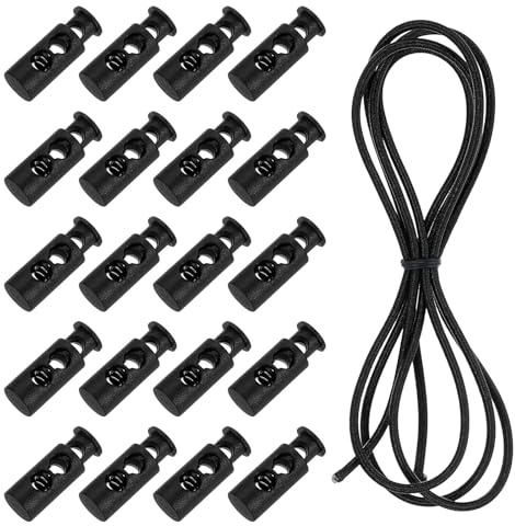 sourcing map Kordelstopper mit Doppelloch und 99 cm elastischer Gummiseil, Kunststoff-Federknebelstopper mit Stretchschnur für Schnürsenkel, Kordelzug, Paracord, Schwarz, 20 Stück