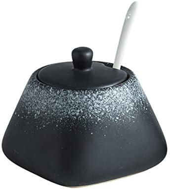 BODHIS Sucrier, boîte à assaisonnement, sucrier de Couleur Unie avec Couvercle, sucrier en Porcelaine 340 ml/12 oz avec cuillère (Noir 2 340 ML 12 oz)
