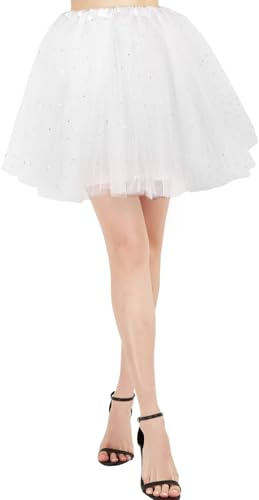 BALAYSIER Tutu Skirts for Girls and Women Lined Tulle Skirt with Star Sequins Classic 4 Layered Elastic Ballet Tutu for Dance Cosplay Parties(White)