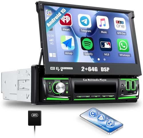CAMECHO 2+64G 7 Zoll Android 13 Autoradio 1 Din Wireless Carplay Touchscreen Navi Radio Ausfahrbarem Manuelle Display mit Bluetooth Android Auto GPS WiFi FM/RDS Mirror Link SWC