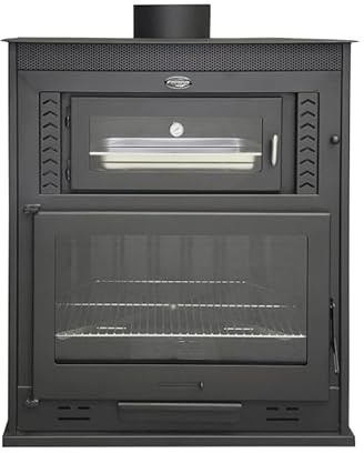 MF - Barbacoa de Leña con Horno para Interiores Modelo M80 de 90 x 56 x 104 cm en Acero con Rejilla de Hierro Fundido, Horno con Ladrillo Refractario, Termómetro y Parrilla de Asado