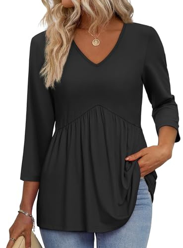 3/4 Sleeve T Shirts for Women Plus Size Women Blouses Womens Tops Summer Tops Fall Fashion Must Have Business Casual Outfits V Neck Babydoll Maternity Shirts Black 2XL