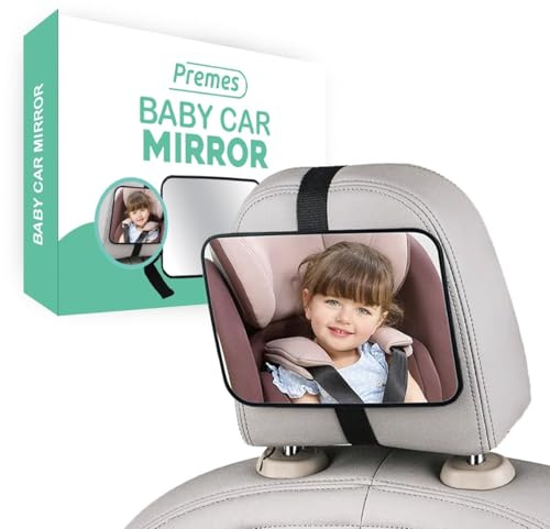 Premes Baby-Autospiegel – Kopfstütze vorne – 19 x 14 cm – Rückspiegel – Rücksitzspiegel – Baby-Auto – Spiegel – Baby-Autospiegel – Innenspiegel – Vordersitz/Rücksitz – Kind – Beifahrer