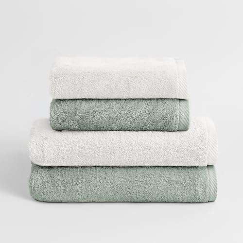 BOHEME Juego de 4 Toallas Serenity Blanco-Olive | Incluye 2(50x100 cm) y 2(70x140 cm). 100% algodón peinado. Suaves, absorbentes, de secado rápido y lavables a máquina.