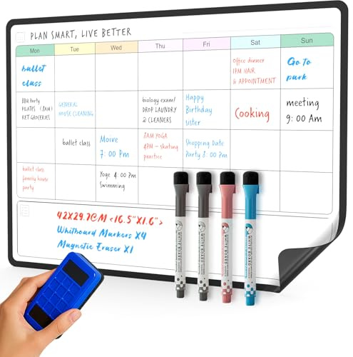 SURFOU Magnetic Whiteboard for Fridge Calendar, A3 Monthly Planner Dry Wipe Board for Tasks, to-Do Lists, Shopping, Meal Planning for Home and Office, with 4 Dry Erase Pens and Eraser (Month)
