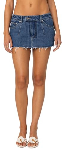 Felcia Womens Low Rise Denim Skirt Solid Color Raw Trim Mini Jean Skirt with Pockets Casual Summer Streetwear (A-Blue, L)