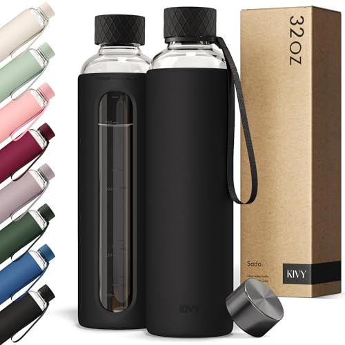 KIVY Glass Water Bottle with Silicone Sleeve 32 oz [WITH MEASUREMENT] - Borosilicate Glass Water Bottle Screw Top - Clear Bottles with Measurement Marking - Slim Waterbottle Aesthetic - Black