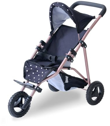 Teamson Kids Cochecito de muñecas Jogging Negro con Lunares Rosas, Capota Ajustable, arnés, Cesta y Mango Suave para Juego de Cuidado