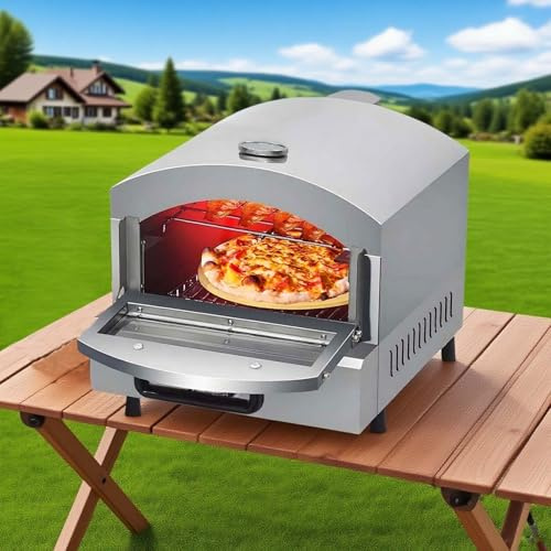 QFGain Four à Pizza à Gaz Portable D'ExtéRieur avec ThermomèTre Externe – GoûT De Feu De Bois Rapide, Cuisson De Pizzas Au Barbecue sur Le Comptoir, Acier Inoxydable, pour FêTes D'Avant-Match, Plage