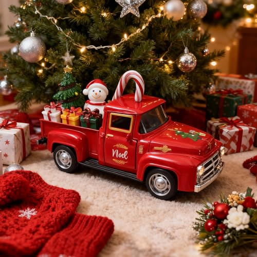 Weihnachtsdekor Innen, Vintage Rot Metall Truck mit Mini Weihnachtsbaum, Schneemann, Zuckerstangen, Weihnachtsdeko Figuren für Haus, Weihnachten Deko für Küche Kaminsims Centerpieces Tisch Geschenke
