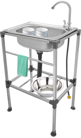 Lavello Mobile, Lavello da Cucina in Acciaio Inox, Lavello a Colonna con Rubinetto, Lavello per Esterno, Lavello in Acciaio Inox per Ristorante, Lavanderia, Garage (48 x 35 x 83 cm)