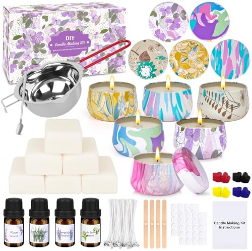 FONTOEN Kit fabrication bougies DIY pour adultes, enfants et débutants | Le kit fabrication bougies comprend 360 g de cire, 6 colorants, 4 parfums, 25 mèches, 40 autocollants de mèche, 6 boîtes à