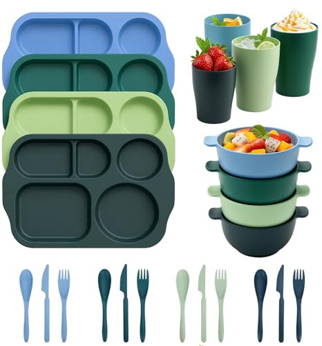 Unbreakable 24-Piece Dinnerware Set for 4 People, 4-Color Divided Plates & Bowls with Cutlery - Reusable Plastic Dishes for Camping, Kids, Outdoor, Dishwasher Safe (Dark Series, for 4 People)