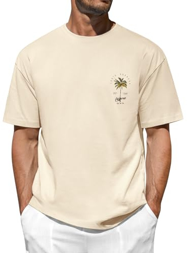 TOMEEK Mens T Shirt Graphic T-Shirts Casual Short Sleeve Cotton Tee Shirts Palm Tree Print Summer Top Cool California T-Shirts for Men UK,Beige,L