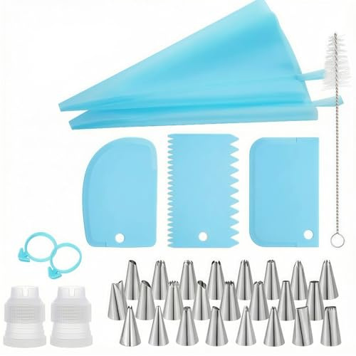 Cake Decorating Kit with Piping Bags and Nozzles, 34 Piece Set, Blue TPU Piping Bags, Stainless Steel Tips, Cleaning Brush