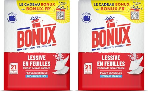 Bonux - Lessive en Feuilles | Parfum de mon enfance | Format pratique & léger | Adapté aux peaux sensibles | Efficace dès 20° | Pour linge Blanc et Couleur | 21 feuilles:21 lavages (Lot de 2)