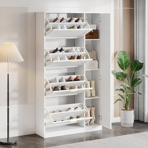 Ojjxh Garderobenset Wandgarderobe, Flurgarderobe Set mit 4 Klappbaren Schuhbank und Spiegel, Garderoben Set mit 3 Verstellbarem Regalbrett, Kompaktgarderobe, Flurschrank für den Flur, Weiß 80x24x147cm
