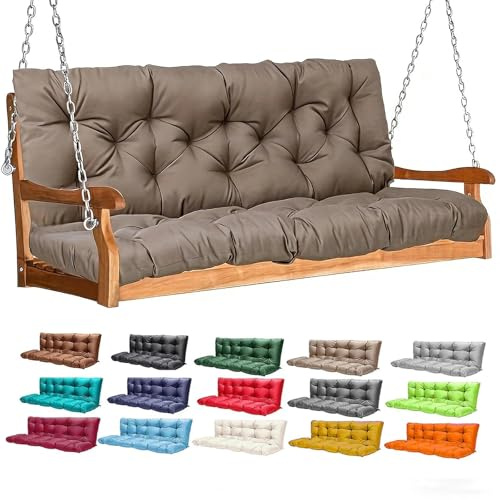 Outdoor-Schaukelkissen, verdickte 2–3-Sitzer-Veranda-Schaukelkissen mit Rückenlehne, wasserdicht und lichtbeständig für Terrasse, lange Bank, Outdoor, Garten, Hinterhof(Khaki,150×100cm,Klassisch)