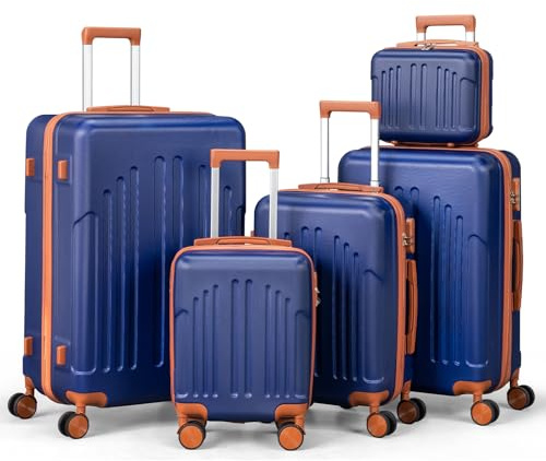 LEADZM Koffer Set 5 teilig Hartschale mit Kosmetikkoffer (Navy-Braun) | Kofferset aus ABS, Reisekoffer mit Rollen Groß, Handgepäck, Hartschalenkoffer Set, Koffer & Trolleys
