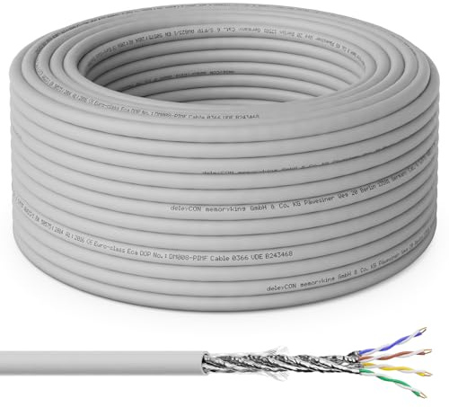 deleyCON 30m Cat6 Verlegekabel 1000 Mbit Gigabit S/FTP PIMF Schirmung Netzwerkkabel Starr zum Verlegen Installationskabel LAN Ethernet Netzwerk Kabel Datenkabel BauPVO - Grau