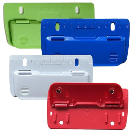 Quorumsg 4 Stück Mini Taschenlocher, 2-Loch Tragbar Locher Klein, Dauerhaft Locher für Ordner mit 12 CM Skala, für Büro, Schule, Basteln, Fotoalben und DIY Projekte(Rot, Blau, Grün, Weiß)