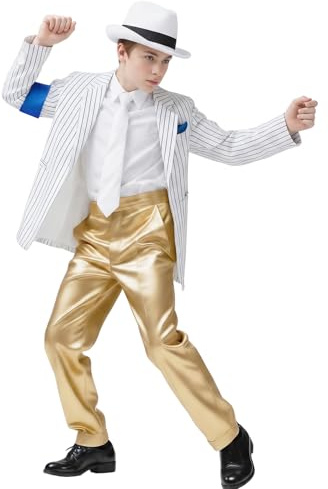 Koongso Pop King - Conjunto de traje de escenario de Michael Rockstar MJ Tour, chaqueta de rayas blancas, pantalones y vestido de los años 80 y 90 para Halloween, fiesta de baile casual