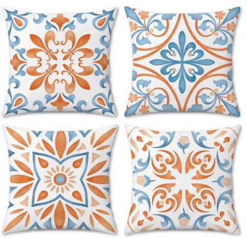 COZZSNUGE Fundas Cojines Boho Flores 45x45cm Terciopelo Juego de 4 | Funda cojín Azul Naranja Flor Mandala. Tejido terciopelo suave y resistente. Perfecto para Jardín, sofá, salón, Dormitorio