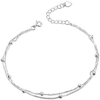 YAFEINI Sterling Silber Fußkettchen für Damen Teen Girls geschichteten Kette Ball und Bead Double Fußkettchen Beach Fußkettchen (fußkettchen A)