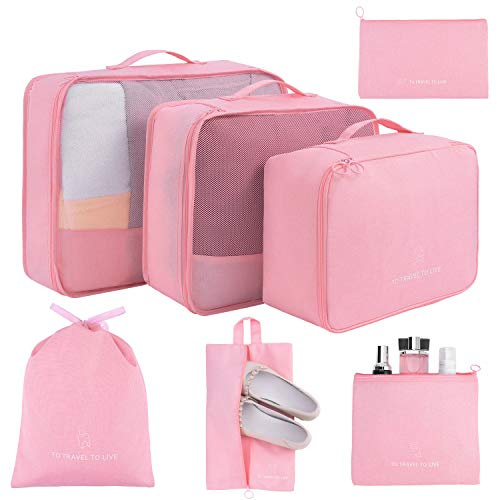 Koffer Organizer 7 Set,Packing Cubes Gepäck Packwürfel Organizer mit Schuhbeutel und Kulturbeutel (Pink)