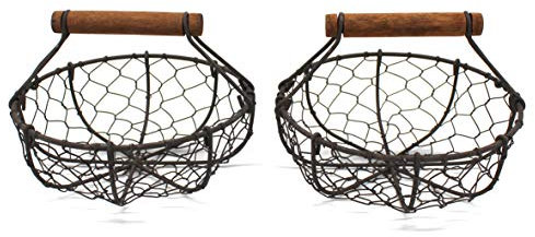 CVHOMEDECO. Chicken Wire Egg Baskets Rust Gathering Baskets with Wooden Handle Country Vintage Style Storage Baskets. Set of 2 (Round)