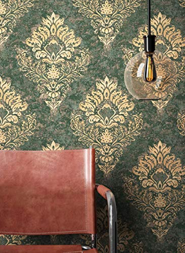 NEWROOM Tapete Grün Vliestapete Ornament - Barocktapete Barock Beige Gold Prunk Glamour inkl. Tapezier-Ratgeber